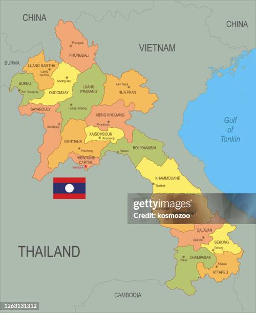 flat map of laos with flag - laos stock illustrations