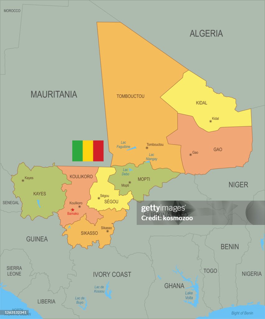 Flat map of Mali with flag