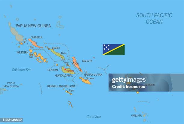 flat map of solomon islands
 with flag - solomon islands stock illustrations
