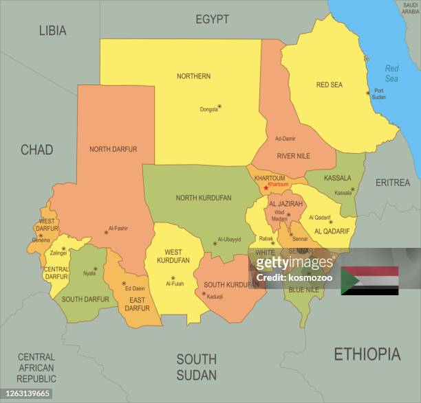 ilustrações, clipart, desenhos animados e ícones de mapa plano do sudão com bandeira - sudão