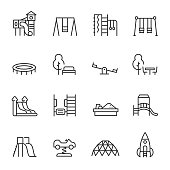Playground, icon set. Play area for children outdoors, linear icons. Line. Editable stroke