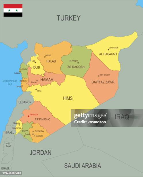 illustrations, cliparts, dessins animés et icônes de carte plate de la syrie avec le drapeau - syrie