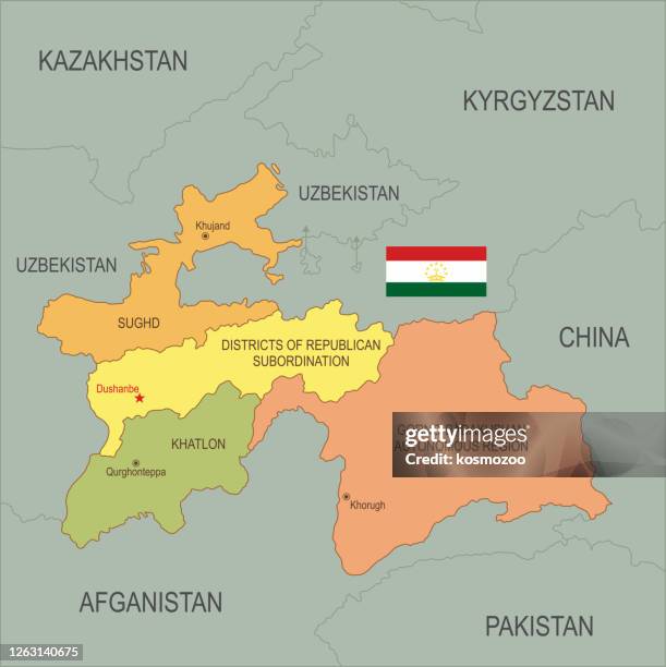 flat map of tajikistan with flag - tajikistan stock illustrations