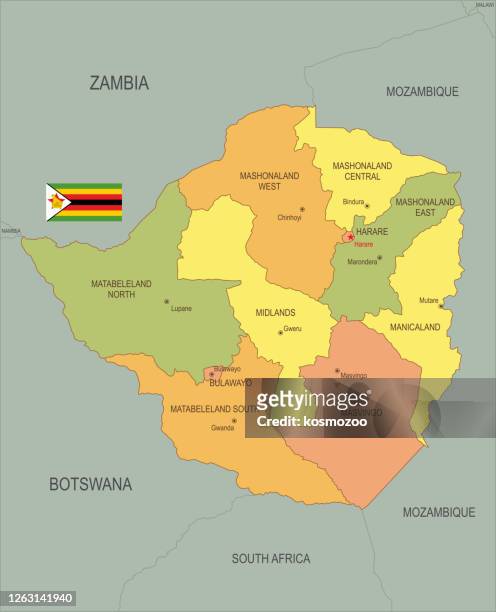 stockillustraties, clipart, cartoons en iconen met vlakke kaart van zimbabwe met vlag - zimbabwe