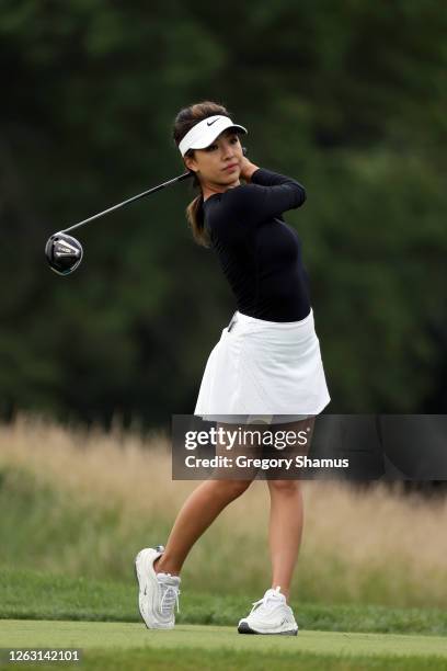 Muni He of China plays her shot from the ninth tee during the second round of the LPGA Drive On Championship at Inverness Club on August 1, 2020 in...