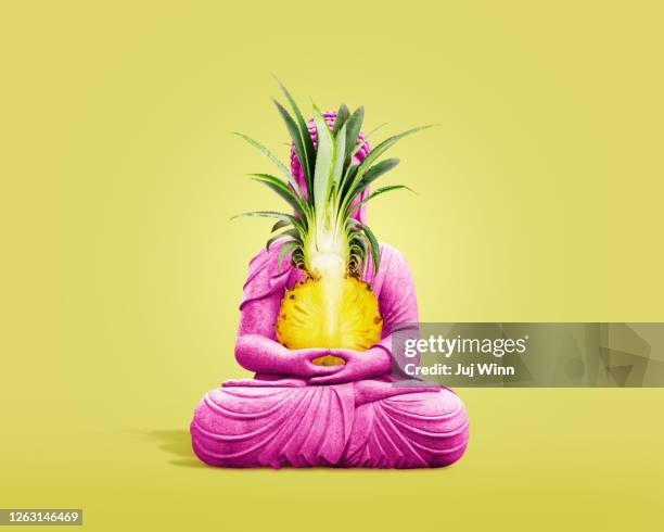 pink buddha statue with pineapple - buddah fotografías e imágenes de stock