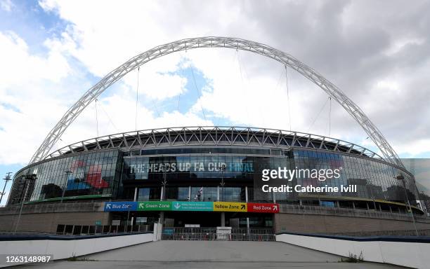 General view outside the stadium ahead of The Heads Up FA Cup Final match between Arsenal and Chelsea at Wembley Stadium on August 01, 2020 in...