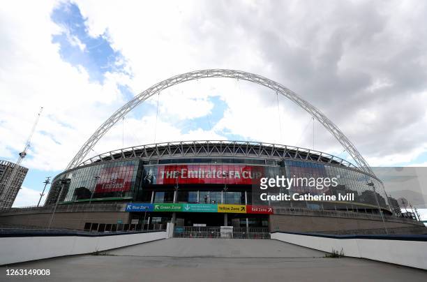 General view outside the stadium ahead of The Heads Up FA Cup Final match between Arsenal and Chelsea at Wembley Stadium on August 01, 2020 in...