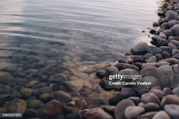 water reaching the shore of a pebbles beach in the afternoon light. - tide rivers stock pictures, royalty-free photos & images