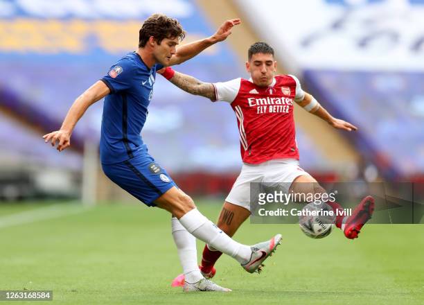 Marcos Alonso of Chelsea battles for possession with Hector Bellerin of Arsenal during the Heads Up FA Cup Final match between Arsenal and Chelsea at...
