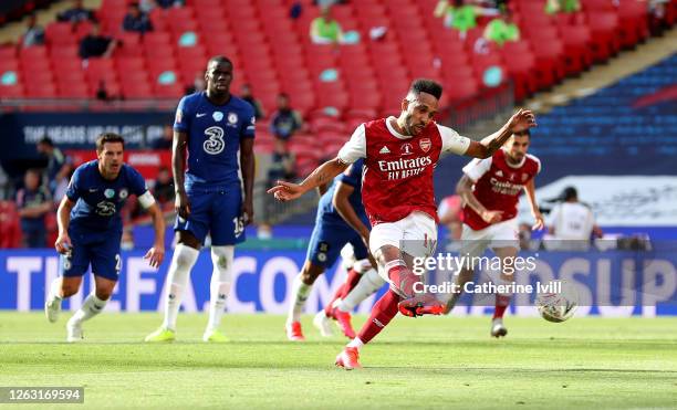 Pierre-Emerick Aubameyang of Arsenal scores his sides first goal from the penalty spot during the Heads Up FA Cup Final match between Arsenal and...