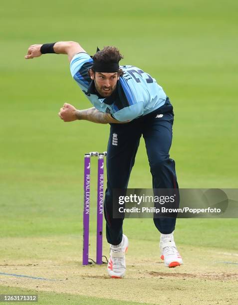 Reece Topley of England bowls during the second One Day International against Ireland at the Ageas Bowl on August 01, 2020 in Southampton, England.