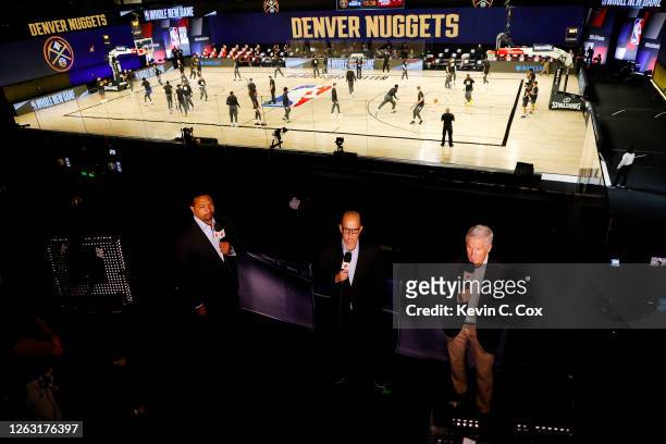 Commentators Mark Jackson, Jeff Van Gundy and Mike Breen talk prior to game between the Miami Heat and the Denver Nuggets at HP Field House at ESPN...