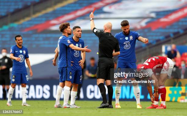 Mateo Kovacic of Chelsea is shown the red card after receiving a second yellow card from match referee Anthony Taylor during the Heads Up FA Cup...