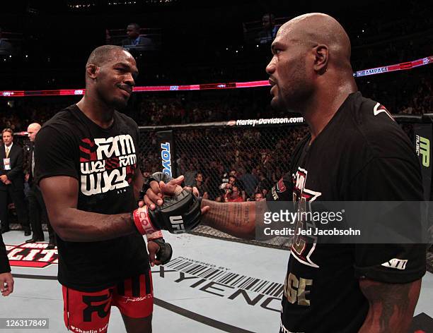 Quinton "Rampage" Jackson congratulates Jon Jones on his victory during the UFC 135 event at the Pepsi Center on September 24, 2011 in Denver,...