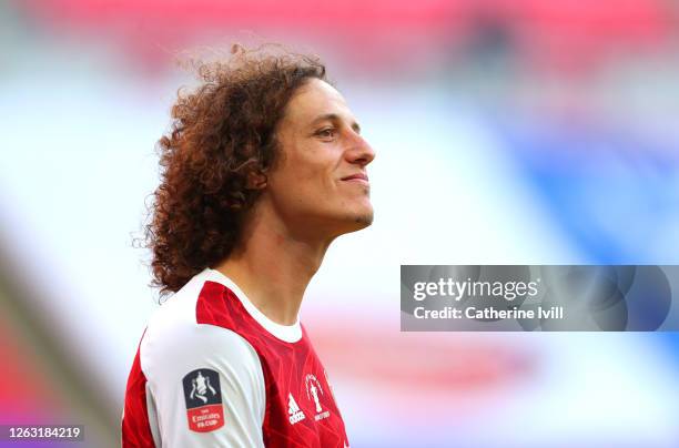 David Luiz of Arsenal reacts after his teams victory during the Heads Up FA Cup Final match between Arsenal and Chelsea at Wembley Stadium on August...