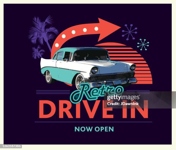 classic retro drive in poster design advertisement - vintage movie poster stock illustrations