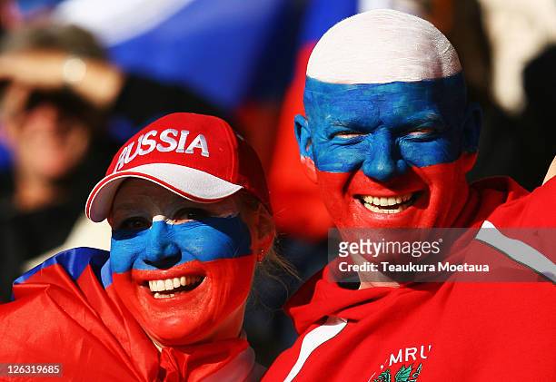 Russia fans smile prior to the IRB 2011 Rugby World Cup Pool C match between Ireland and Russia at Rotorua International Stadium on September 25,...
