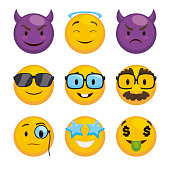 Set of Emojis Wearing Different Accessories to Express Mischiefs or Pranks