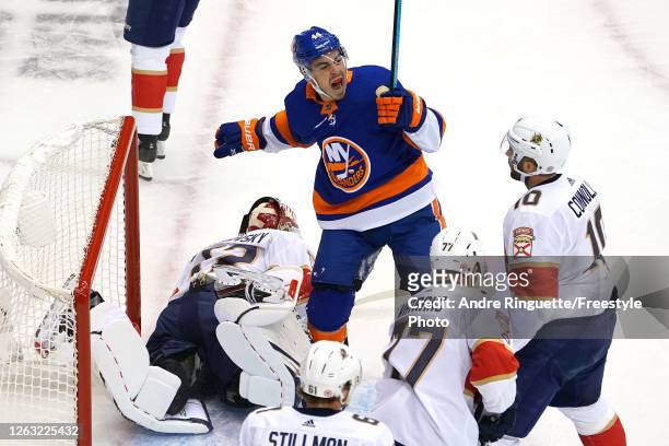 Jean-Gabriel Pageau of the New York Islanders celebrates after scoring a goal on Sergei Bobrovsky of the Florida Panthers during the first period in...