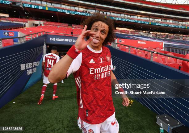 David Luiz of Arsenal celebrates after the FA Cup Final match between Arsenal and Chelsea at Wembley Stadium on August 01, 2020 in London, England....