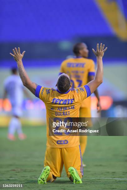 Jesús Dueñas of Tigres celebrates after scoring his team’s first goal during the 2nd round match between Tigres UANL and Pachuca as part of the...