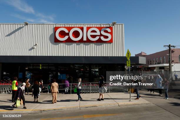 People line up outside a Coles supermarket in Malvern on August 02, 2020 in Melbourne, Australia. Public concern has increased as speculation grows...