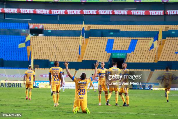 Jesus Duenas of Tigres celebrates after scoring the first goal of his team during the 2nd round match between Tigres UANL and Pachuca as part of the...