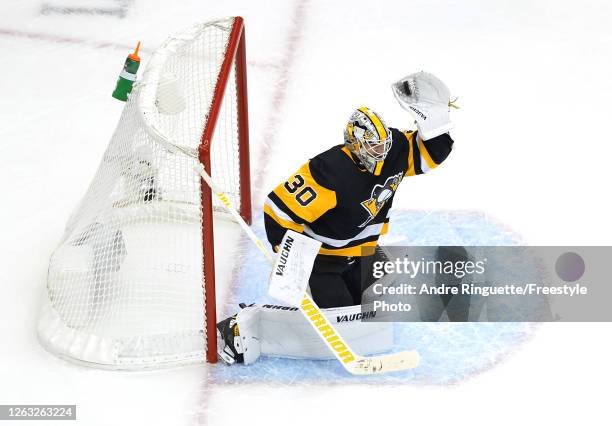 Matt Murray of the Pittsburgh Penguins stops a shot in the second period against the Pittsburgh Penguins during Game One of the Eastern Conference...