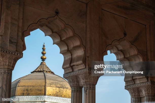 a part of golden roof of musamman burj look through door frames with clear blue sky at agra fort, india - jama masjid agra 個照片及圖片檔