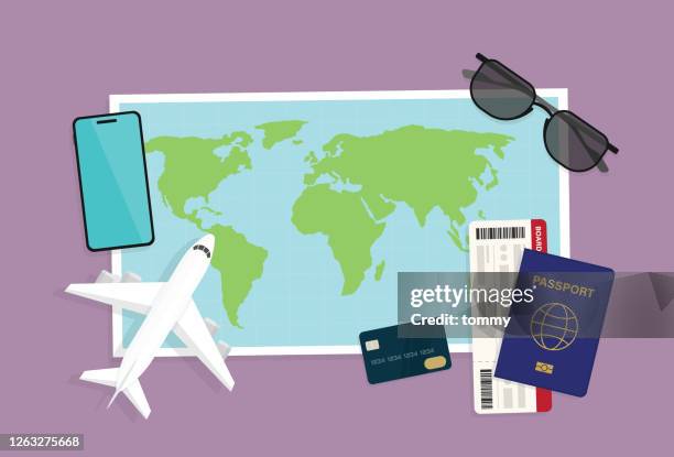 ilustraciones, imágenes clip art, dibujos animados e iconos de stock de los turistas planean un viaje de vacaciones - pasaporte