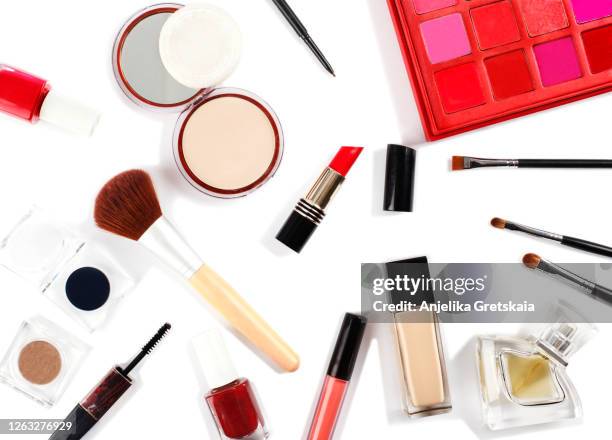 decorative cosmetics and makeup brushes on white background - build presents sensitive skin stock pictures, royalty-free photos & images