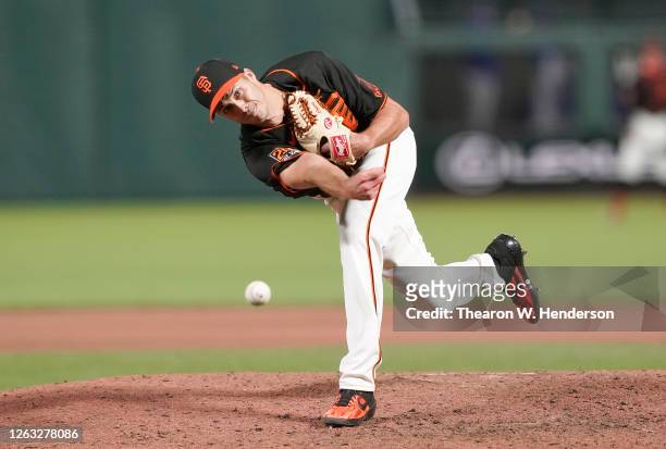 Tyler Rogers of the San Francisco Giants pitches against the Texas Rangers in the top of the seventh inning at Oracle Park on August 01, 2020 in San...