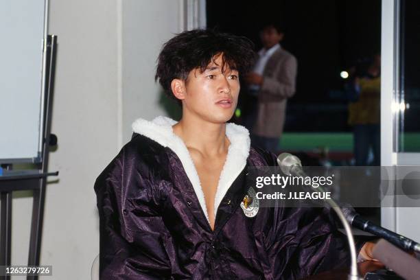 Kazuyoshi Miura of Verdy Kawasaki speaks during a press conference after the J.League Suntory Series match between Verdy Kawasaki and Kashima Antlers...