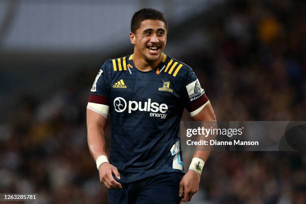 Marino Mikaele Tu'u of the Highlanders reacts during the round 8 Super Rugby Aotearoa match between the Highlanders and the Blues at Forsyth Barr...