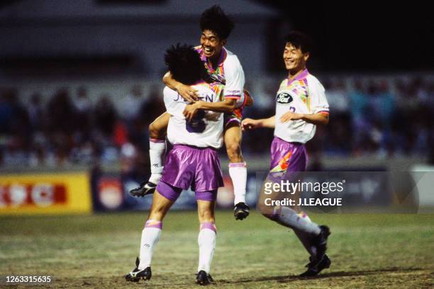 Hajime Moriyasu of Sanfrecce Hiroshima celebrates scoring his side's fourth goal with his team mate Yahiro Kazama during the J.League Suntory Series...