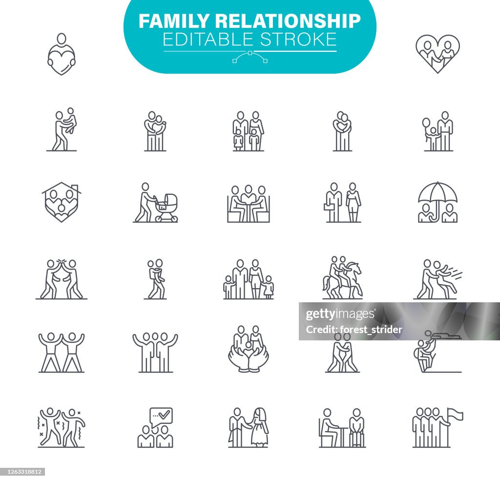 Family Editable Stroke Icons. In set icon as Relationship, Child, Community, People