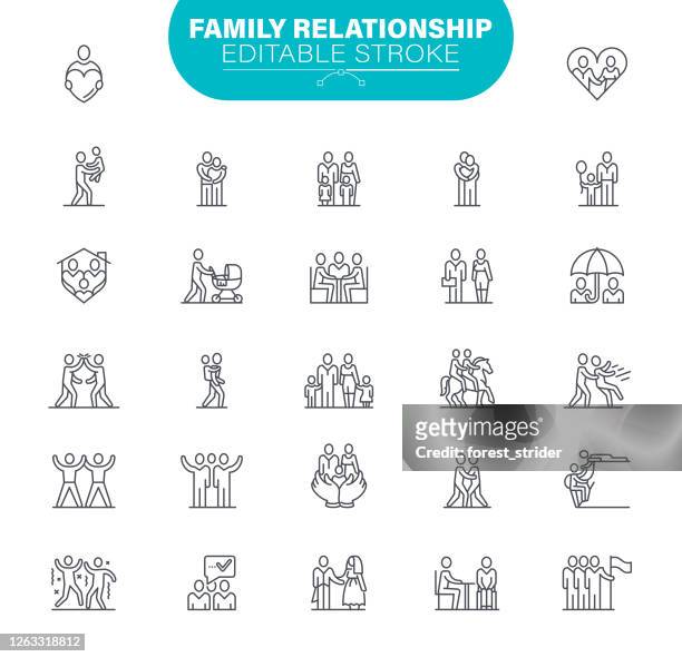 family editable stroke icons. in set icon as relationship, child, community, people - friendship stock illustrations
