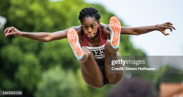 Maryse Luzolo of Koenigsteiner LV competes in the Women's long jump during the B&S Kurpfalz Gala Weinheim at Sepp Herberger-Stadion on August 01,...