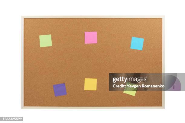 cork board with colourful post it notes - bulletin board border stock pictures, royalty-free photos & images