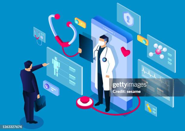 illustrations, cliparts, dessins animés et icônes de isometric médical, smartphone en ligne de consultation médicale et d’application de diagnostic, technologie médicale numérique moderne - face a face