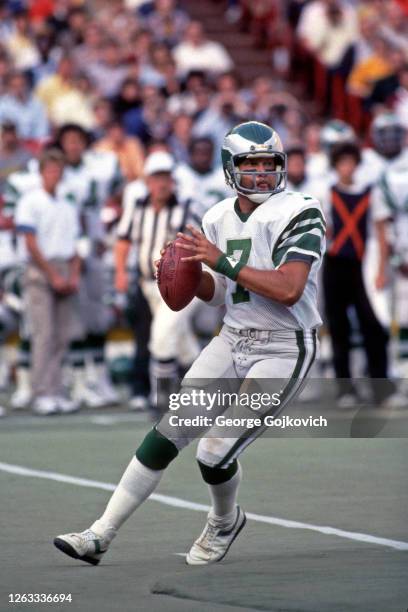 Quarterback Ron Jaworski of the Philadelphia Eagles looks to pass against the Pittsburgh Steelers during a preseason game at Three Rivers Stadium on...