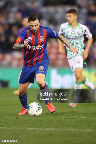 Roy O'Donovan of the Newcastle Jets shoots for goal during the round 29 A-League match between the Newcastle Jets and Western United at McDonald...
