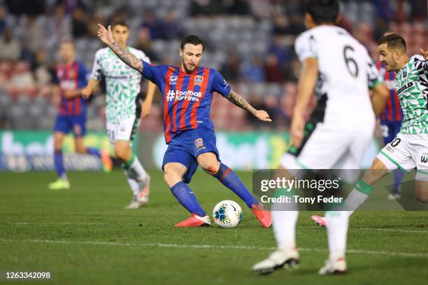 Roy O'Donovan of the Newcastle Jets shoots for goal during the round 29 A-League match between the Newcastle Jets and Western United at McDonald...