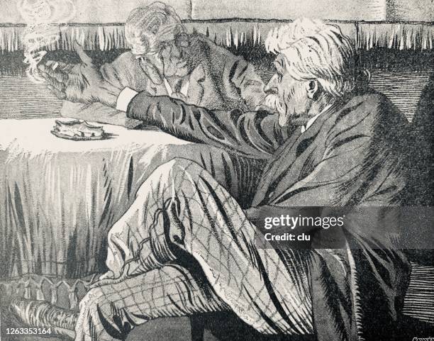 two men having discussion at a table, white hair, smoking cigarette - professionals talking outside stock illustrations
