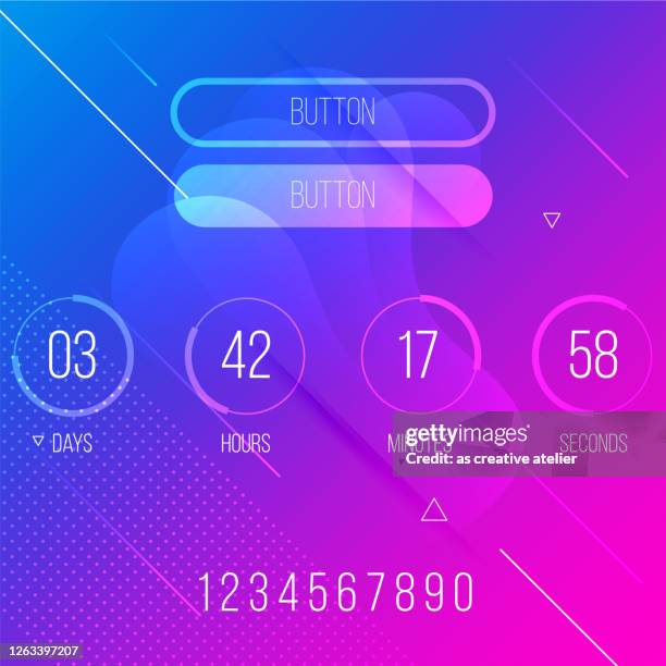 stockillustraties, clipart, cartoons en iconen met countdown timer vector website element met knoppen. countdown timer voor binnenkort of in aanbouw. platte toepassingssjabloon voor digitale kloktimer - countdown digital