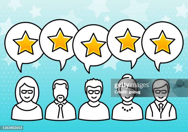 illustrazioni stock, clip art, cartoni animati e icone di tendenza di valutazione dei clienti a cinque stelle - customer satisfaction