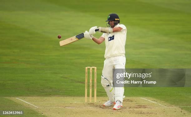 Michael Hogan of Glamorgan plays a shot during Day Two of the Bob Willis Trophy match between Somerset and Glamorgan at The Cooper Associates County...