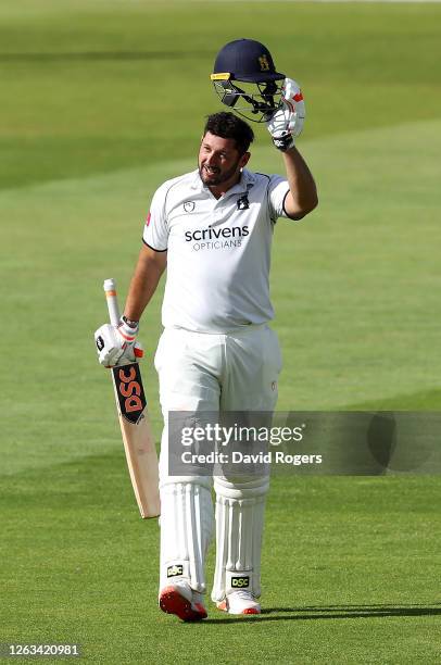 Tim Bresnan of Warwickshire celebrates after scoring a century on his first class debut for Warwickshire during Day 2 of the Bob Willis Trophy match...