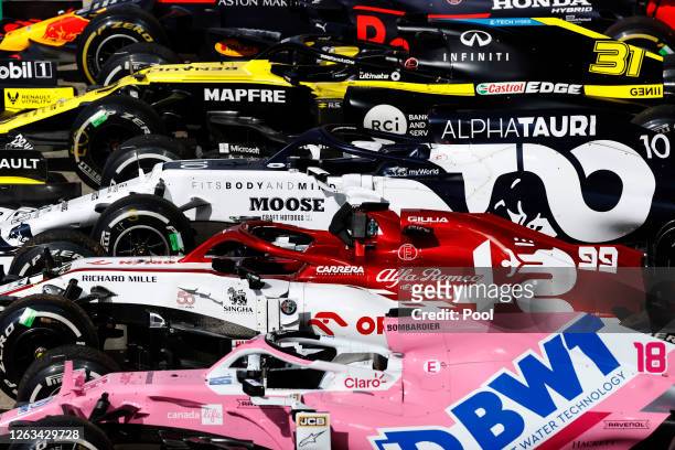 View of cars parked in parc ferme after the F1 Grand Prix of Great Britain at Silverstone on August 02, 2020 in Northampton, England.